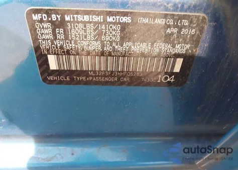 2017 Mitsubishi Mirage G4 Es из США, поврежденный, VIN ML32F3FJ3HHF05283